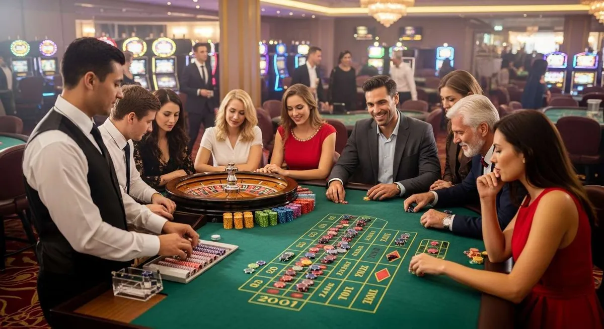 Instant Casino Giocatori e croupier al tavolo della roulette in un casinò